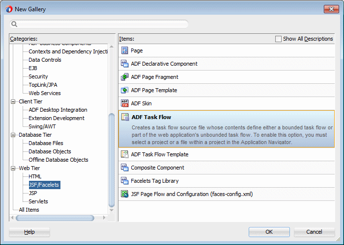 This screenshot shows the JSF Facelets category selected in the left pane and the A D F Task flow option selected in the right