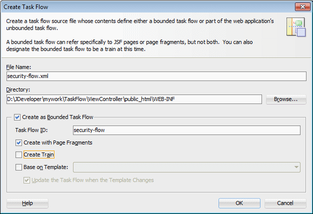 This screenshot shows the dialog with the entered task flow name and the option to create a bounded task flow with page       fragments selected
