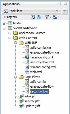 This screenshot shows the expanded view controller project in the Applications window with the security-flow node highlighted  in the page flows folder