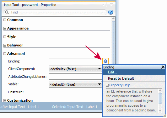This screenshot shows the right-click menu on the Binding icon in the expanded Advanced tab, with the Edit option highlighted