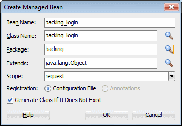 This screenshot shows the properties of the managed bean with the option Generate Class if it does not exist selected