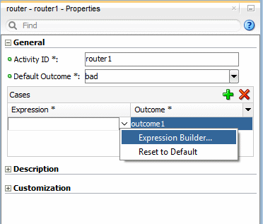 This screenshot shows the right-click menu on the case outcome with the expression builder option highlighted in the expanded  General tab of the Properties window