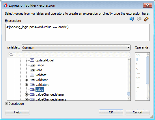 This screenshot shows the password value node highlighted in the bottom pane and value expression entered in the top pane
