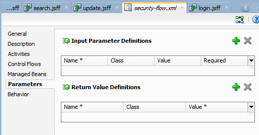 This screenshot shows the parameters page of the task flow editor with an empty input parameter definition in the top pane    and an empty return value definition in the bottom
