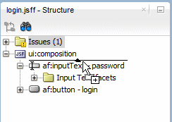This screenshot shows where to drag and drop an output text component into the Structure window above the input text password  component