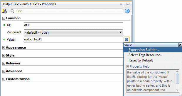This screenshot shows the right-click menu with the Expression Builder option highlighted on the Value icon in the expanded   Common tab of the Properties window