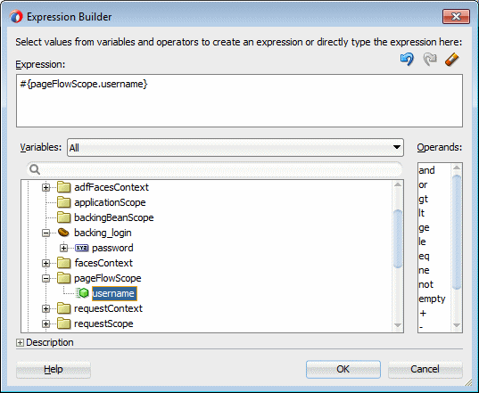 This screenshot shows the user name variable selected in the bottom pane and the default expression in the top