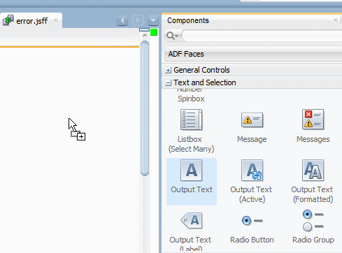 This screenshot shows where to drag and drop an output text component into the task flow design surface