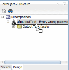 This screenshot shows where to drag and drop the button component into the Structure window below the error output text