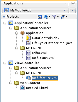 adfmf-feature,xml selected in the applications navigator
