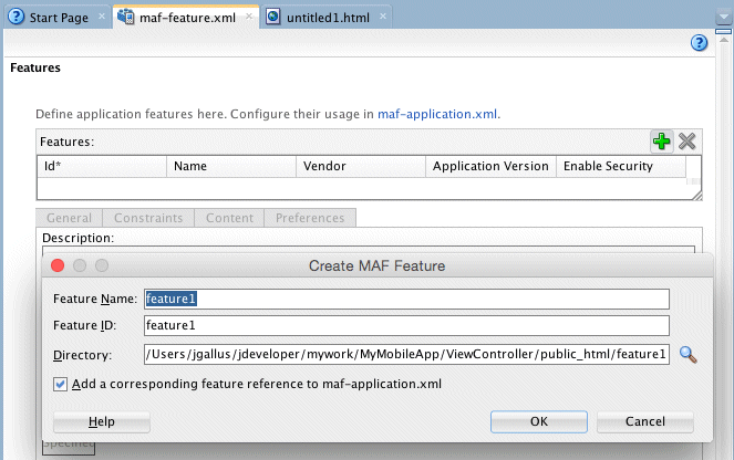 adfmf-feature.xml with create adf mobile feature pane displayed with default values