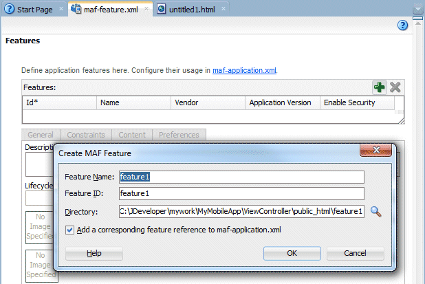 adfmf-feature.xml with create adf mobile feature pane displayed with default values
