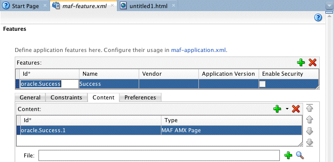 adfmf-feature.xml with content tab displayed with correct values