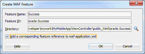adfmf-feature.xml with create adf mobile feature pane displayed with correct values
