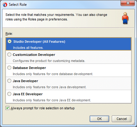 JDeveloper Select Role dialog.
