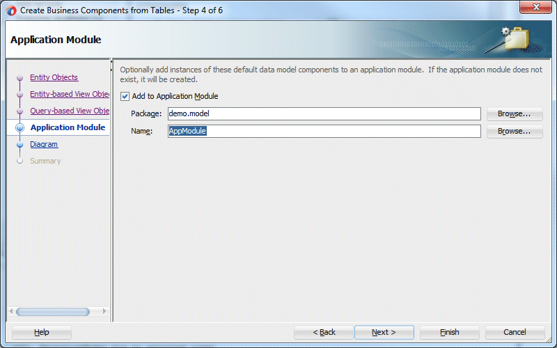 Step 4 of wizard with Add to Application Module check box checked.