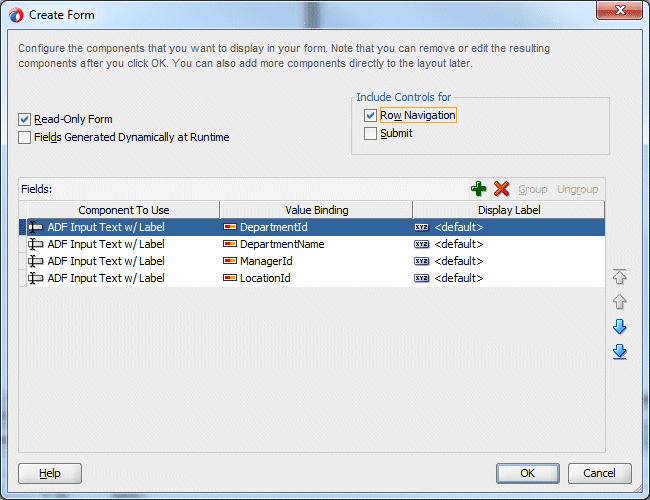 Edit Form Fields dialog  with Include Navigation Controls checkbox checked and cursor over OK button.