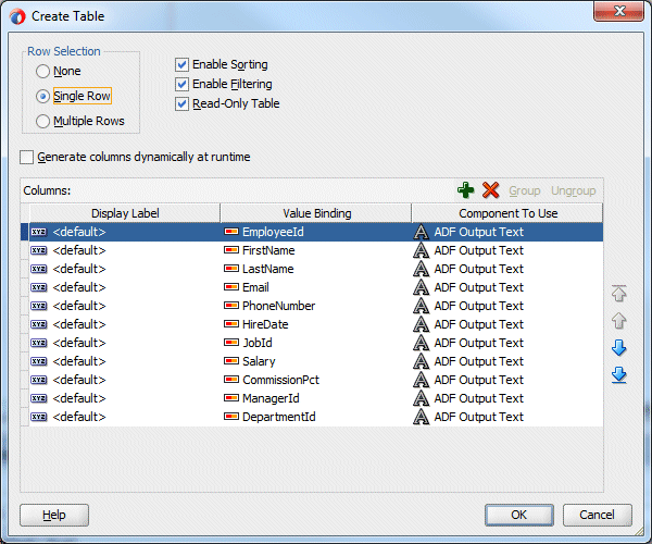 Edit Table Columns dialog with Enable Sorting and Enable Filtering checkboxes checked and cursor over the OK button.