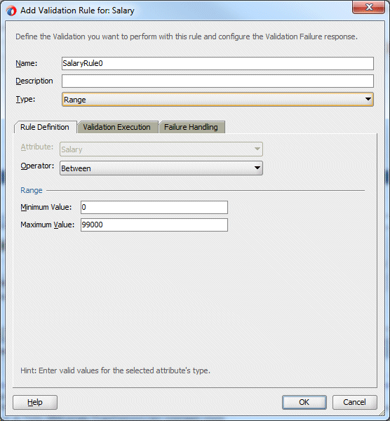 Add Validation Rule dialog with Range selected in drop down box for Rule Type.