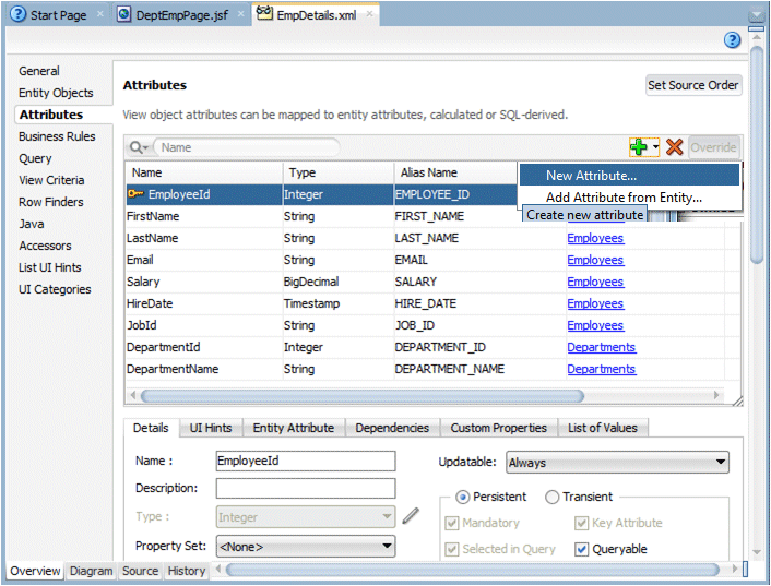 EmpDetails.xml file with Attributes tab selected. Drop down menu for green plus with New Attribute selected.