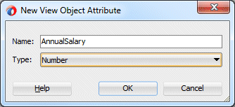 New View Object Attribute dialog with AnnualSalary highlighted in Name field and cursor over OK button.