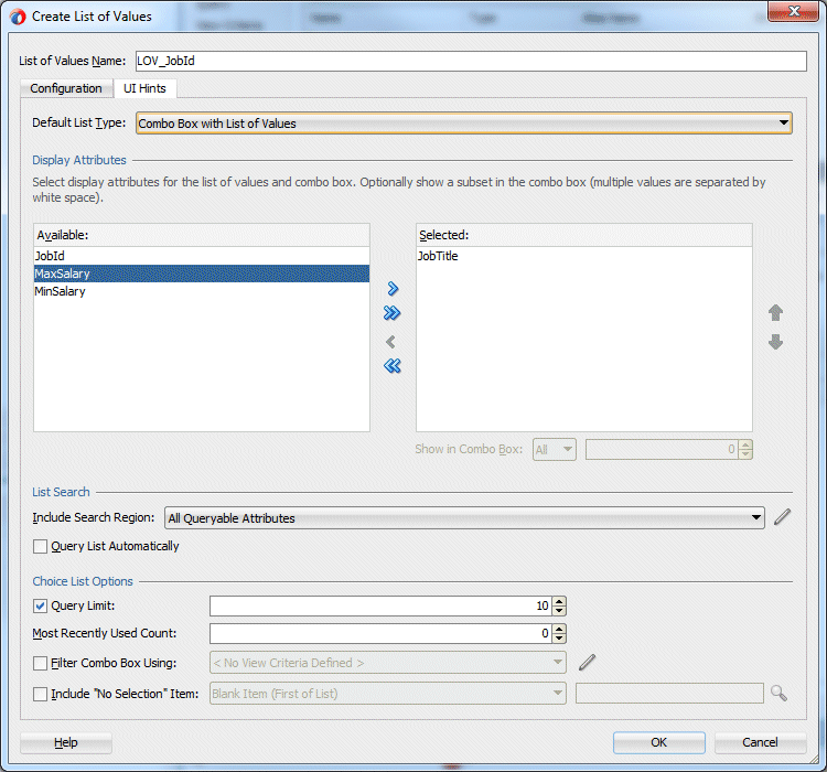 Create List of Values dialog as before, but in UI Hints tab. JobTitle is selected in Available pane with cursor over the arrow ready to shuttle it into the Selected pane.