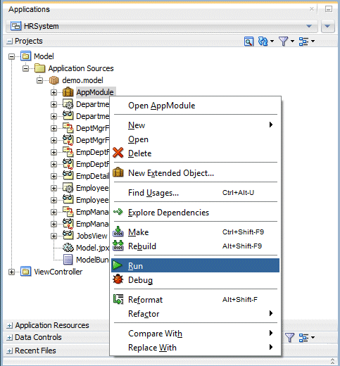 App Navigator with AppModule selected and Run chosed from context menu.