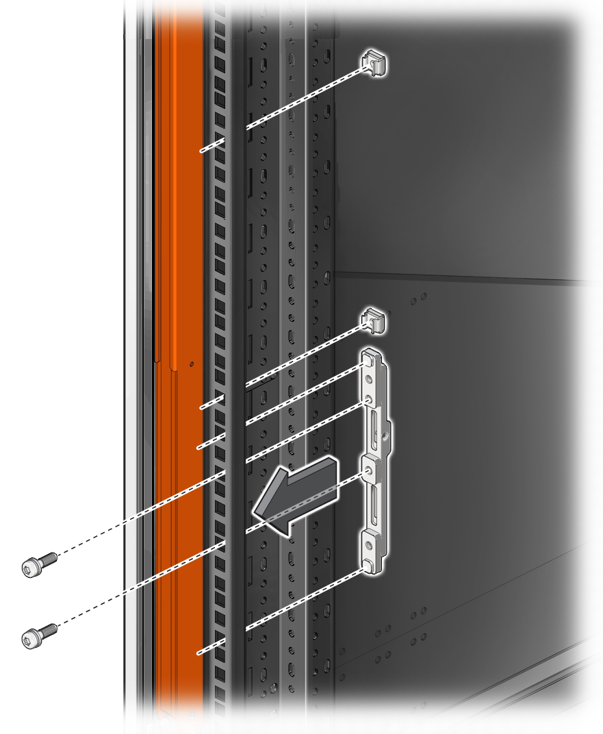 image:Figure showing how to install the front adapter brackets                                     and cage nuts to the front rails.