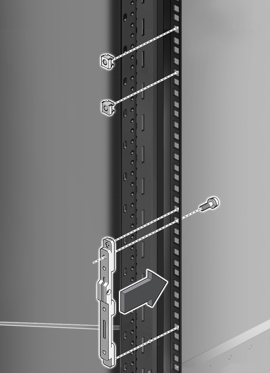 image:Figure showing how to install the rear brackets and cage                                     nuts to the rear rails.