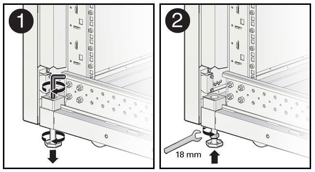 image:Figure showing how to lower the leveling foot on an Oracle Rack                                 Cabinet 1242.