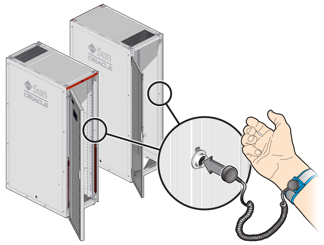 image:Figure showing the location of the antistatic wrist strap connections on                   the Sun Rack II rack.