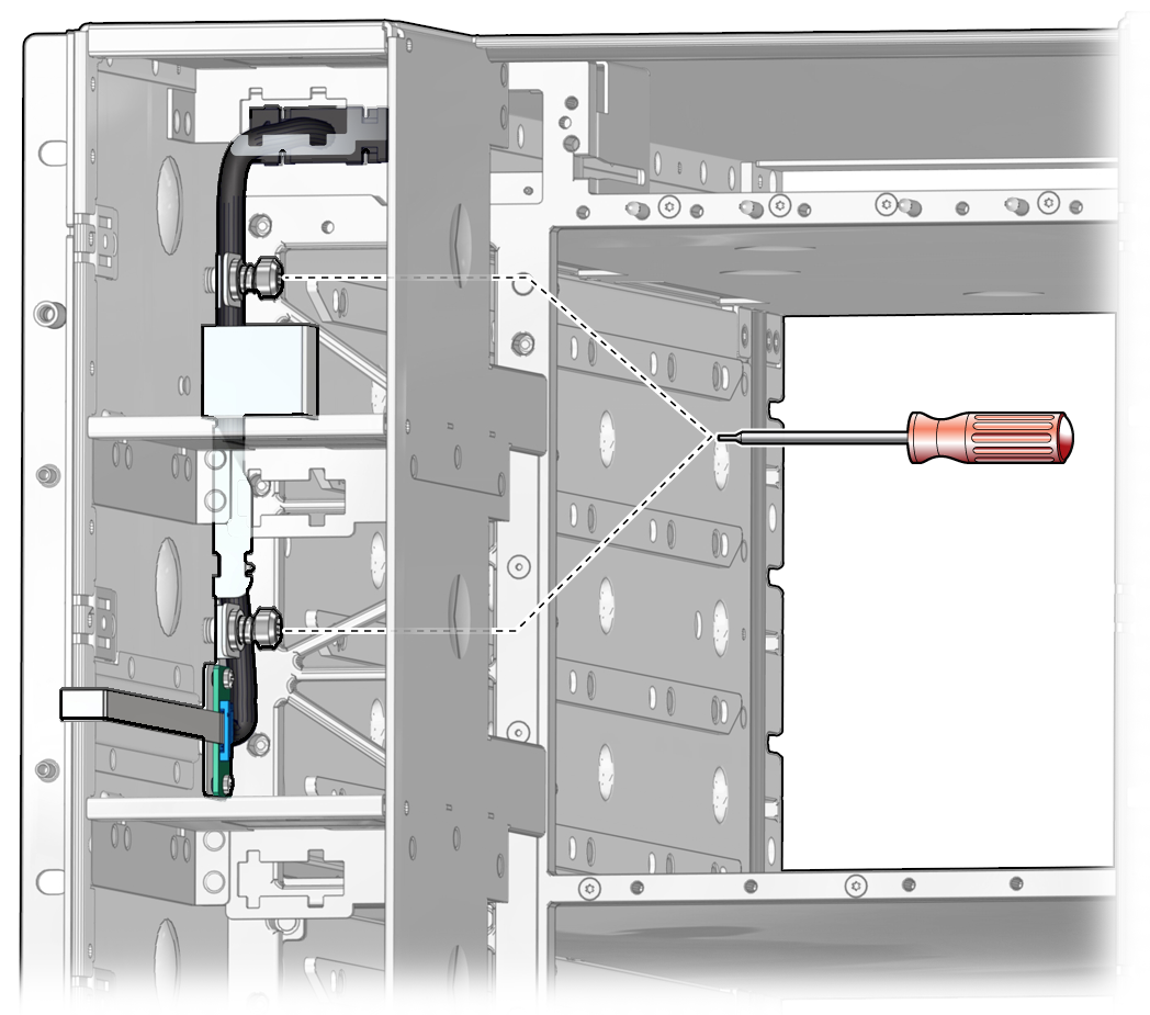 image:Illustration that shows location of screws that attach indicator                             cable to chassis.