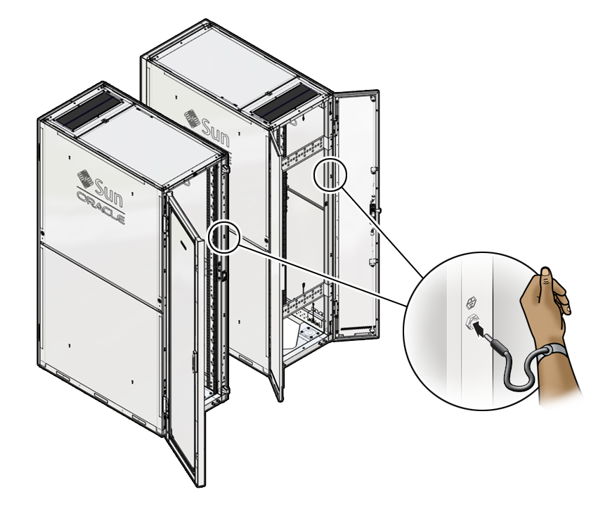 image:Figure showing the location of the antistatic wrist strap connections of                   the Oracle Rack Cabinet 1242.