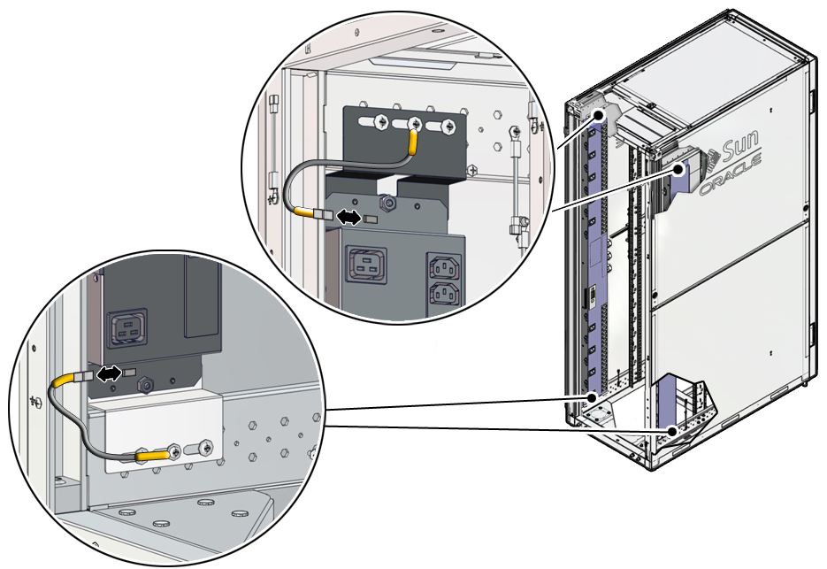 image:Figure showing how to disconnect the grounding straps from                                     an Oracle Rack Cabinet 1242 PDU.