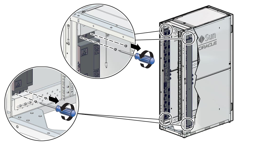 image:Figure showing how to remove the screws securing the PDU to                                     the Oracle Rack Cabinet 1242.