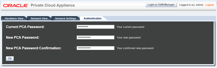 Screenshot showing the Authentication tab of the Oracle Private Cloud Appliance Dashboard.