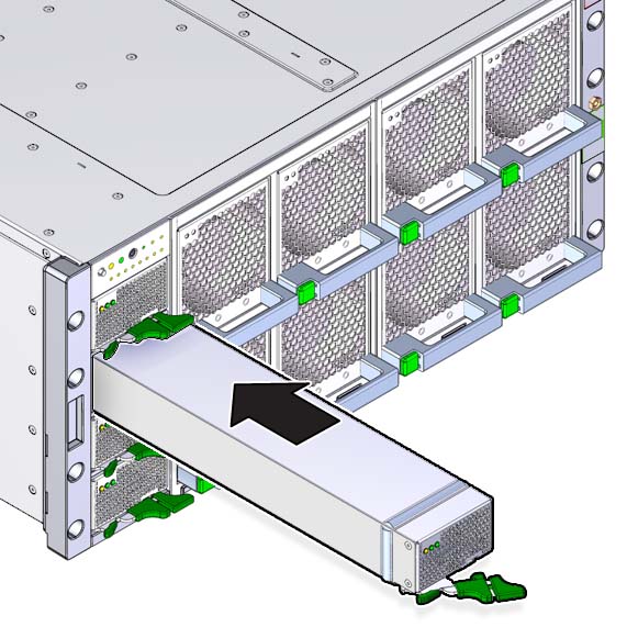 image:An illustration showing the installation of the power supply                                 into its slot.