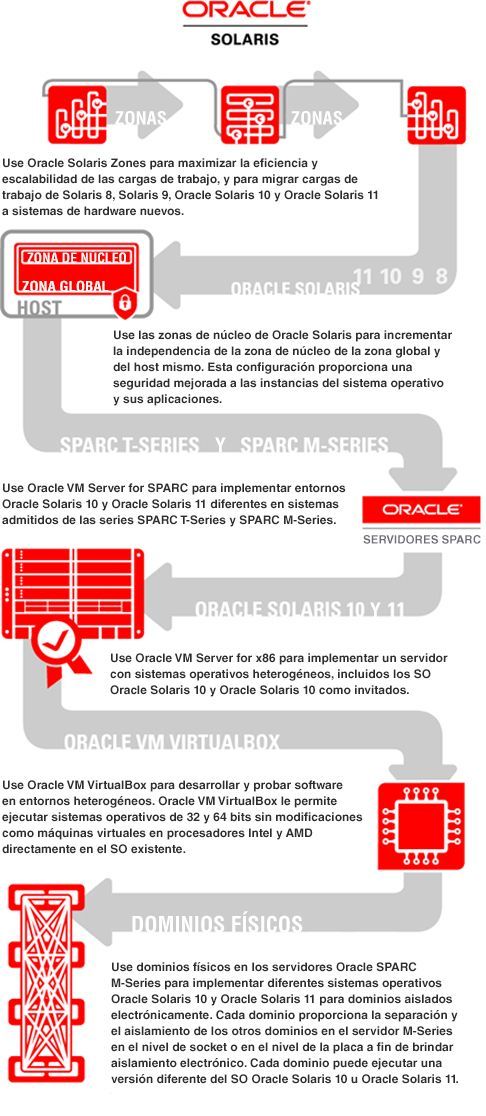 image:La ilustración muestra cómo puede utilizar cada tecnología de virtualización de Oracle Solaris en el entorno, como se describe en el siguiente texto.