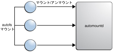 image:この図は、autofs サービスが automount コマンドを起動することを示しています。