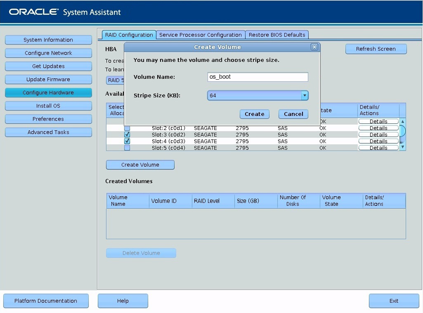 image:A screen capture showing the RAID Configuration Create Volume                             dialog.