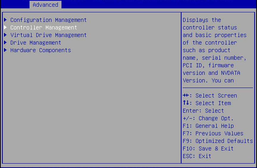 image:A screen capture showing the Controller Management selection                                 BIOS screen.