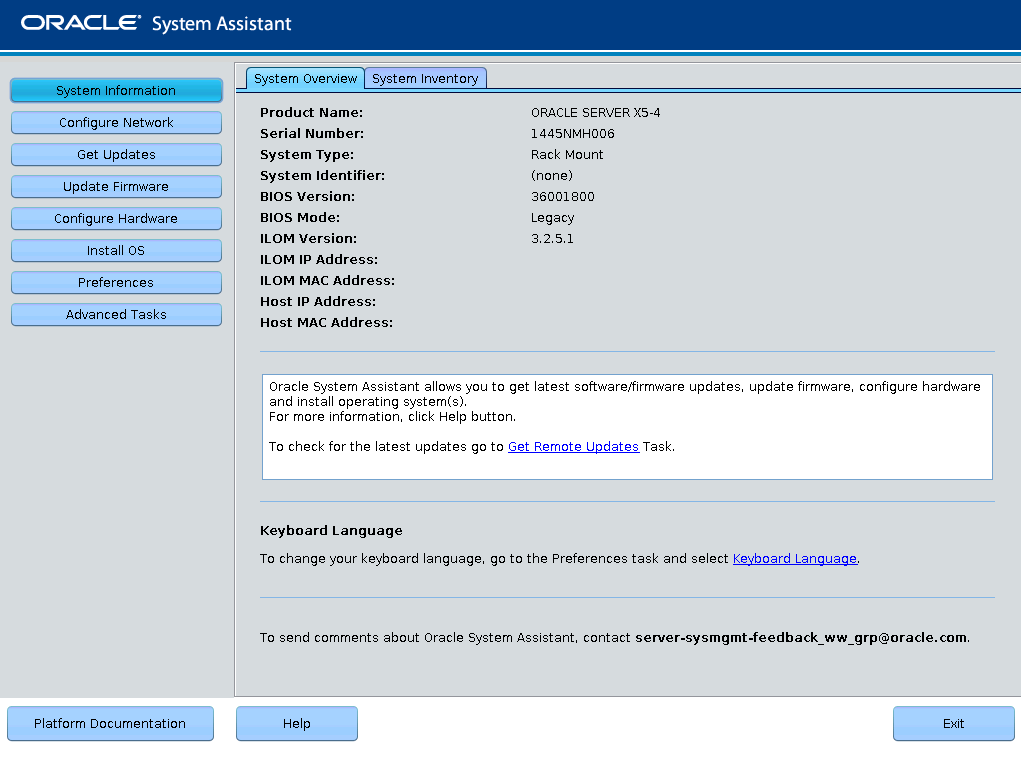 image:A screen capture showing the Oracle System Assistant System                             Overview screen.