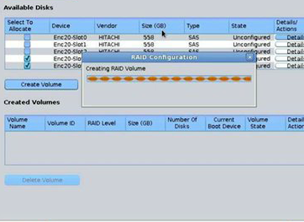 image:A screen capture showing the Creating RAID Volume progress                                     dialog.