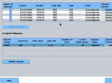 image:A screen capture showing the Created Volumes section of the                                     RAID Configuration screen.