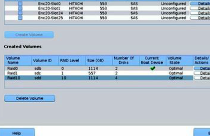 image:A screen capture showing the RAID Configuration screen with added                             volumes.