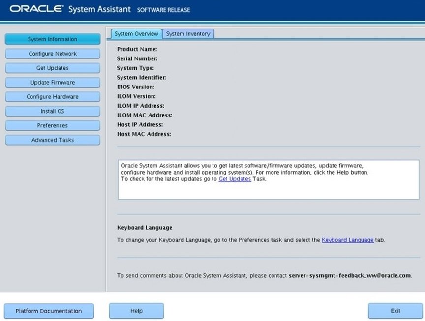 image:Oracle system assistant main screen