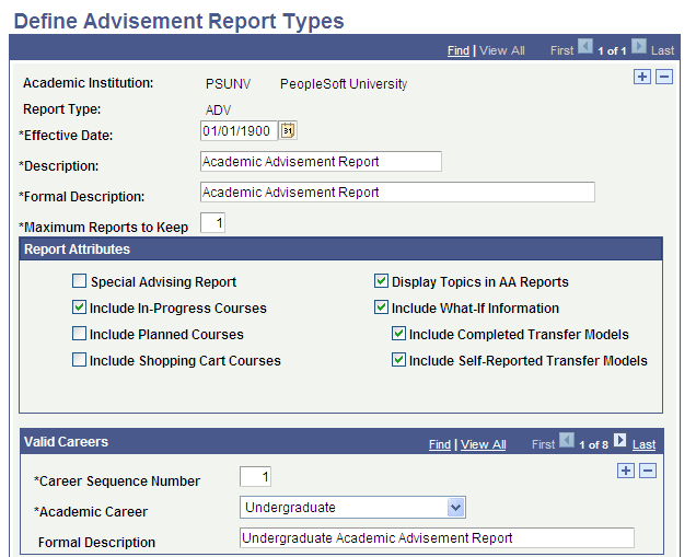 Define Advisement Report Types page (1 of 2)