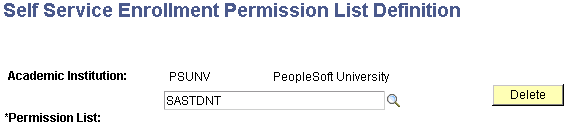 Self Service Enrollment Permission List Definition page