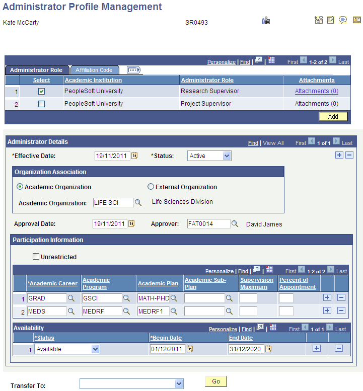 Administrator Profile Management page