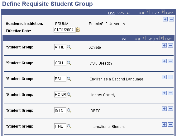 Define Requisite Student Group page